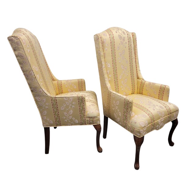 Queen Anne Petite Vintage Queen Anne High-Back Wingback Chairs for Small Spaces in Butter Yellow Floral Stripe – A Pair For Sale - Image 3 of 6