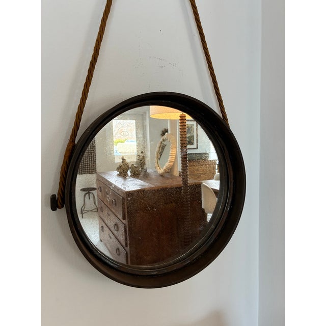 Metal Vintage Round Metal Mirror on Silk Rope, France For Sale - Image 7 of 18