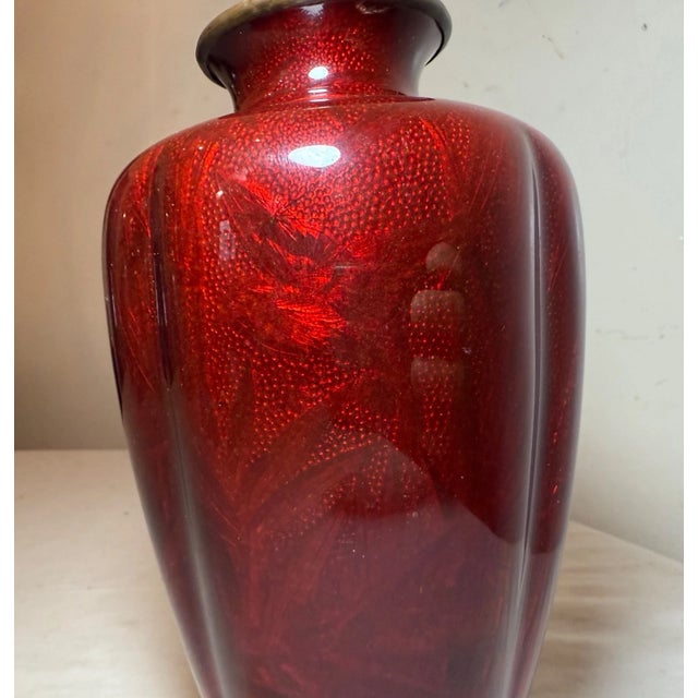 Antique Japanese Ginbari Red Foil Enamel Bird Bamboo Bronze Guilloche Vase Asian For Sale In New York - Image 6 of 18