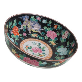 Asian Famille Noire Enamel Glazed Porcelain Centerpiece Bowl Floral Motif 4995b For Sale