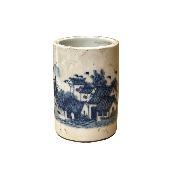 1980s Chinese Distressed White Porcelain Blue Mountain Houses Graphic Holder Vase For Sale - Image 5 of 15
