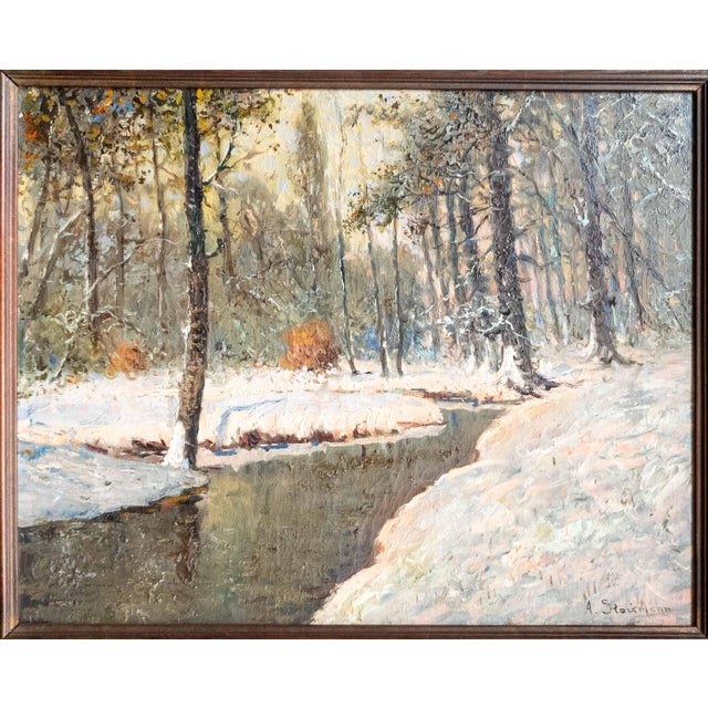 We are selling this gorgeous Impressionist winter landscape painting. This painting features a small stream running...