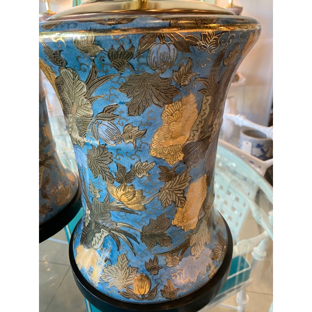 1960s Vintage Large Floral Porcelain Chinoiserie Blue Drum Table Lamps New Wiring -A Pair For Sale - Image 5 of 13
