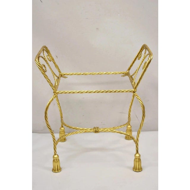 Vintage Italian Hollywood Regency Gold Gilt Iron Rope Tassel Form Vanity Bench Chair. Item features tassel form feet, iron...