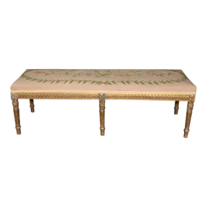 Carved Giltwood French Louis XVI Petit Point and Needlepoint Window Bench