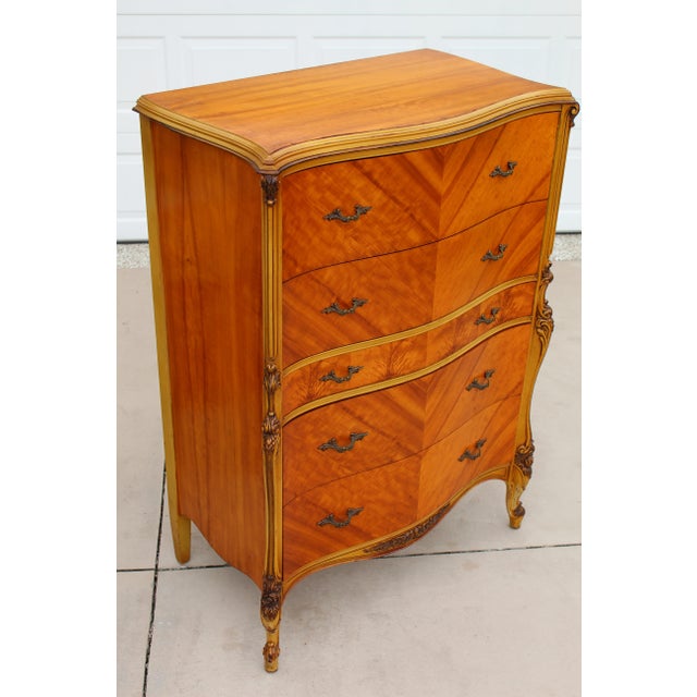 Magnificent Vintage French Provincial Louis XV Rococo Satinwood & Burl Wood Tall Boy Chest For Sale In Naples, FL - Image 6 of 16