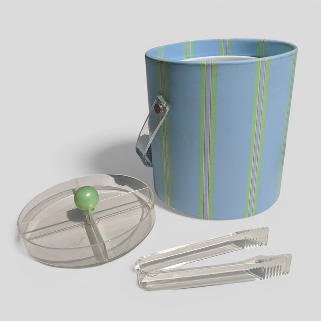 Contemporary Vintage Ticking Stripe Wrapped Ice Bucket With Lucite Handle and Tongs For Sale - Image 3 of 12