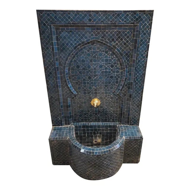 Metal Medium Size Petrol Blue Moroccan Mosaic Tile Fountain For Sale - Image 7 of 7
