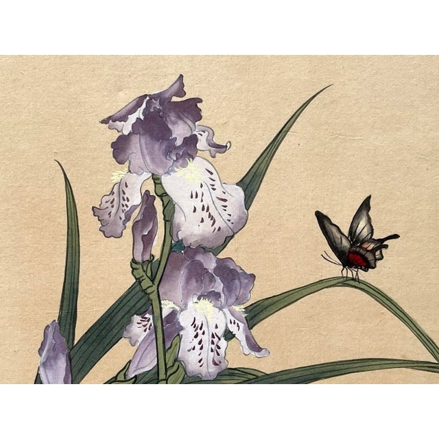 1940s Vintage Original Chinese Watercolor Painting of Purple Iris Flowers and Butterflies on Silk For Sale - Image 5 of 10