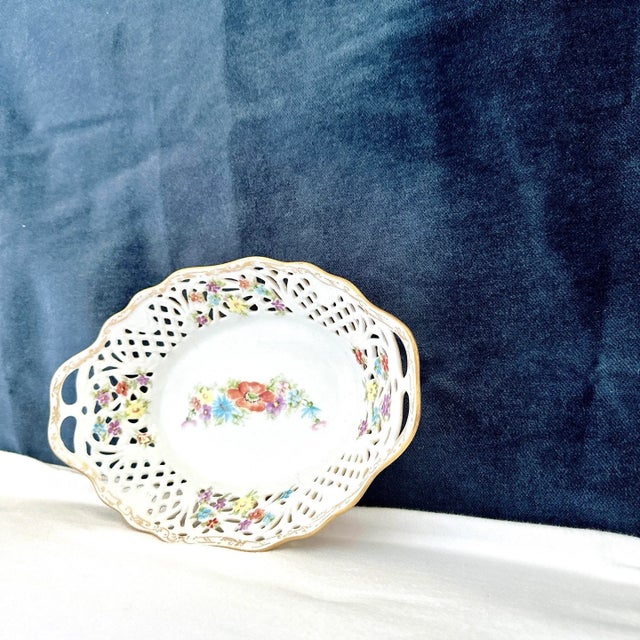 Dresden Porcelain Antique Schuman Bavaria Dresden Oval Bowl W Handles Reticulated Rim, Circa 1920s For Sale - Image 4 of 10