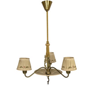 Swedish Brass Chandelier with Original Pleated Silk Shades, 1950 For Sale