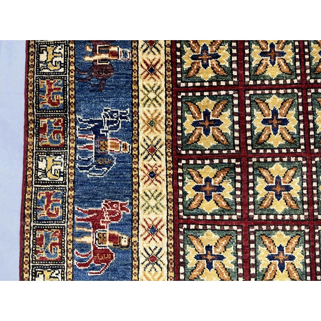 Textile Pictorial Sultani Wool Rug With Horse Border, Blue and Cream, 4'11" X 6'7" For Sale - Image 7 of 15