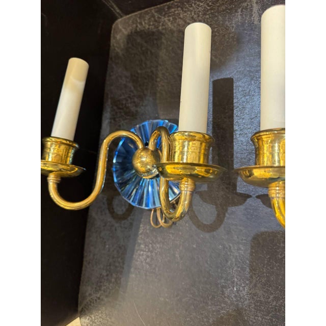 Neoclassical 1930's Caldwell Bronze and Cobalt Glass Sconces Double Lights - a Pair For Sale - Image 3 of 8