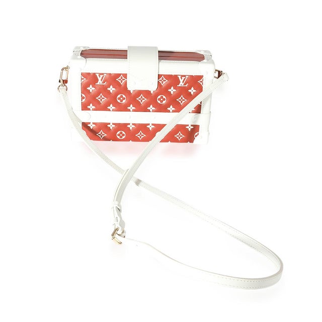 Contemporary Terracotta & White Monogram Embossed Lambskin Petite Malle For Sale - Image 3 of 8