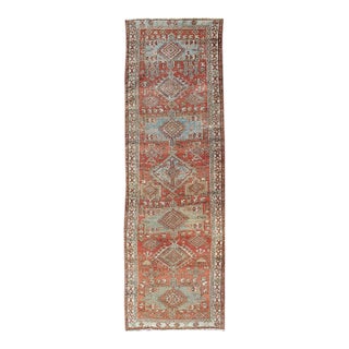 Sub-Geometric Medallion Design Persian Heriz Antique Runner in Red and Gray-Blue For Sale