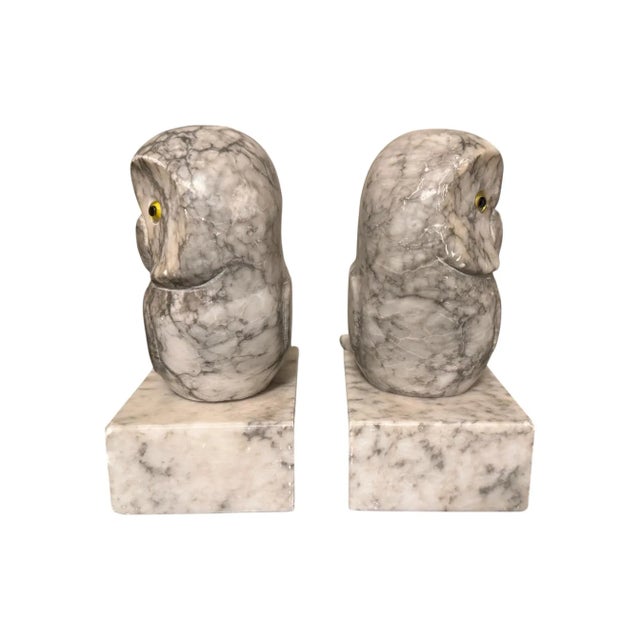 1950s Hand Carved Alabaster Owl With Glass Eyes Bookends- a Pair For Sale - Image 4 of 10