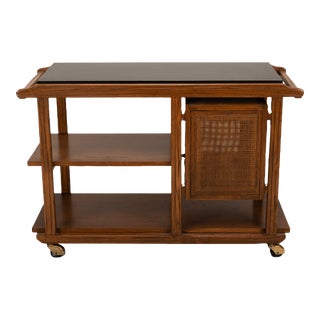 Vintage 1970s Edward Wormley Style Flip Top Expanding Rolling Wicker & Wood Bar Cart For Sale