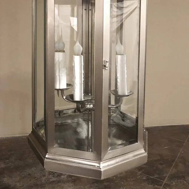 Mid-Century Brushed Steel Lantern Chandeliers - a Pair For Sale - Image 11 of 12