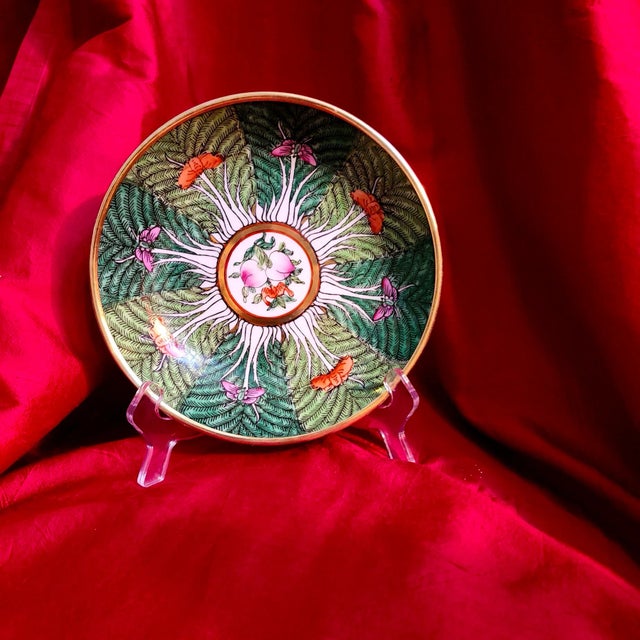 Emerald Final Clearance Horchow Neiman Marcus Brass Emerald Green Cabbage Butterfly Famille Rose Dish 1970s For Sale - Image 8 of 18