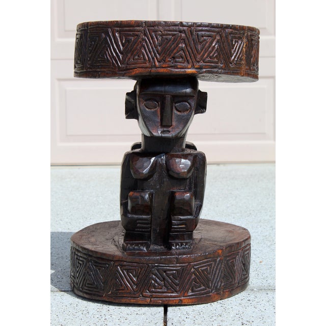 Vintage Hand-Carved African Man & Woman Figural Stool – 20.5” H X 15.75” W Sculptural Tribal Side Table With Geometric Carving For Sale - Image 4 of 17