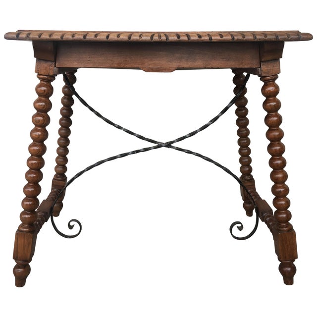 19th Century Spanish Farm Table with Iron Stretchers, Hand Carved Top and Drawer For Sale - Image 16 of 18