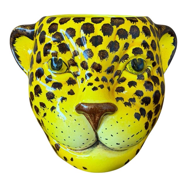 Vintage Italian Glazed Ceramic Leopard Head Cachepot by Rosenthal Netter For Sale