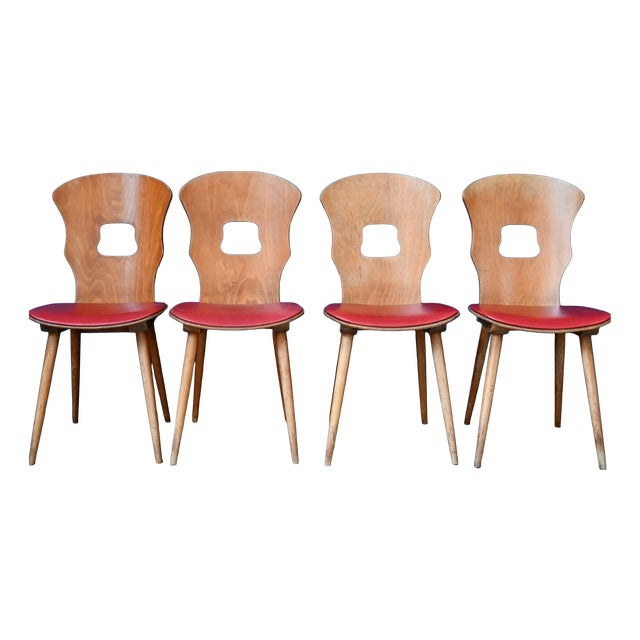 Vintage Retro Gentiane Bistro Chairs with Tapered Legs and Red Faux Leather from Baumann, 1960s, Set of 4 For Sale