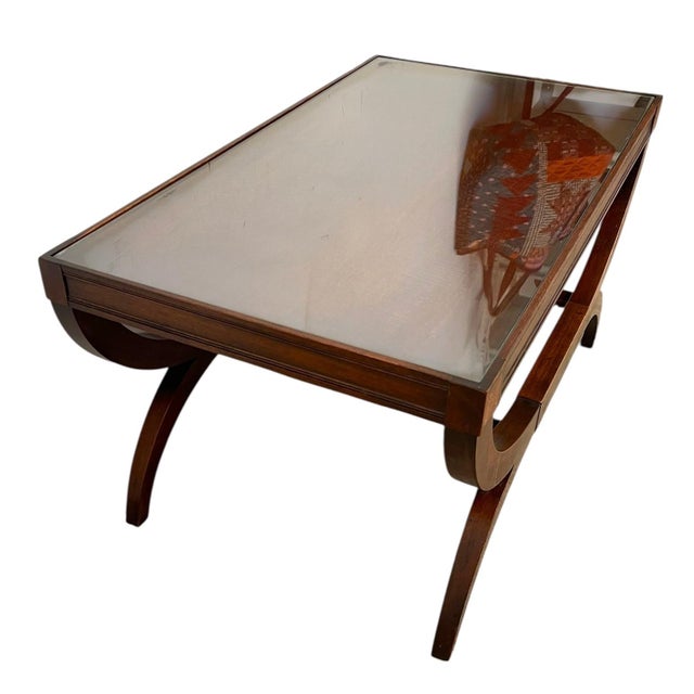 Brown Vintage Neoclassical Style Coffee Table With Removable Glass Top, Curved Saber Legs and Floral Inlay Accents For Sale - Image 8 of 11