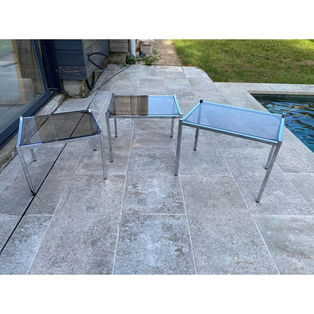 Vintage Chrome and Glass Nesting Tables, 1970, Set of 3 For Sale - Image 4 of 18