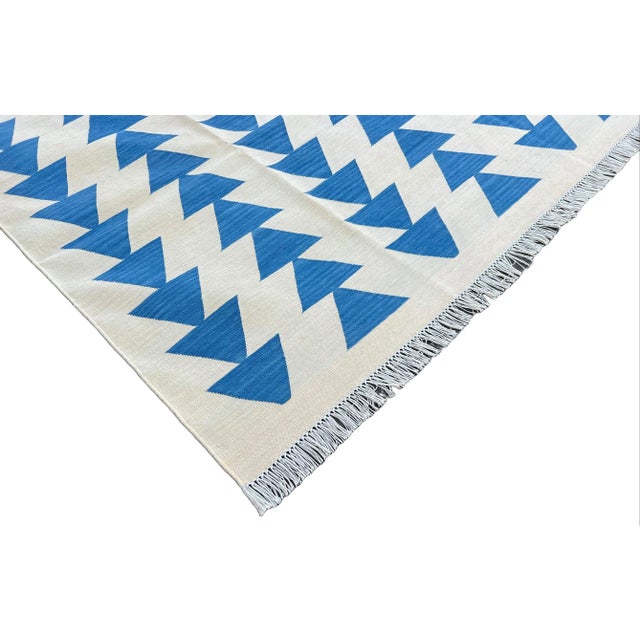 Not Yet Made - Made To Order Handwoven Cotton Area Rug Vegetable Dyed Cream and Blue Pyramid Patterned Checked Dhurrie - 9'x12' For Sale - Image 5 of 10