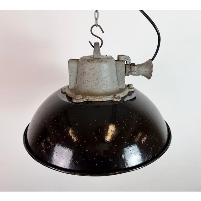 Industrial Black Enamel and Cast Iron Cage Pendant Light from Elektrosvit, 1960s For Sale - Image 11 of 18