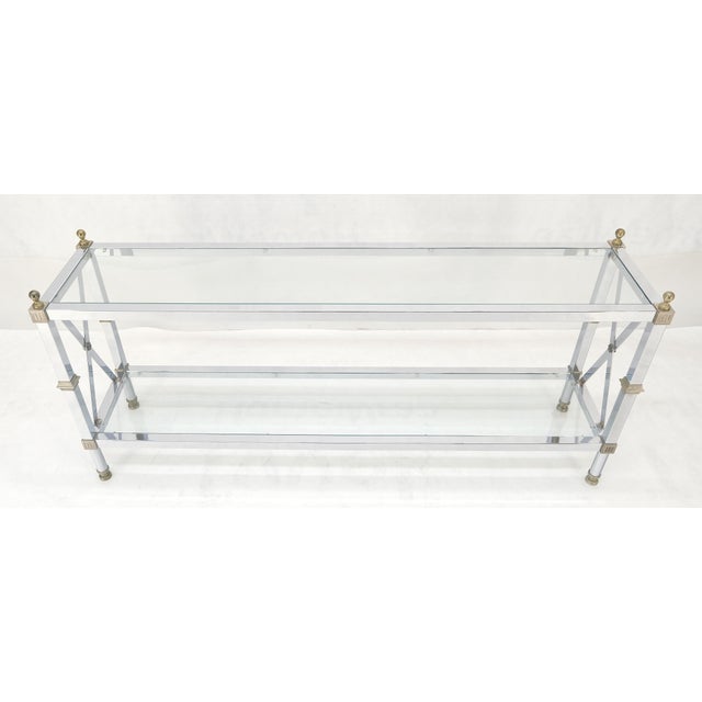 Transparent Two Tier Glass Shelves Chrome & Brass Rectangle 60" Long Italian Console Table For Sale - Image 8 of 14