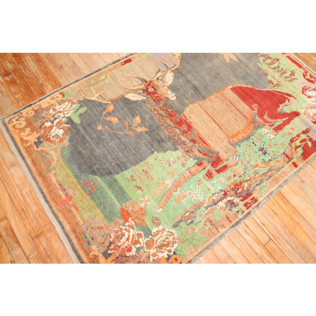 1940s Early 20th Century Jolly Deer Pictorial Karabagh Conversation Rug For Sale - Image 5 of 18