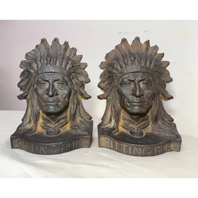 1920s Pair Antique Sitting Bull Solid Cast Iron Figural Native American Chief Bookends For Sale - Image 5 of 9