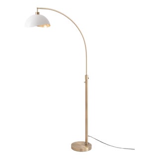 Luna Bella Arc Floor Lamp - Weathered Brass Solid Steel, Sculptural Half-Dome White and Gold Shade, Dimmable, 75in Tall Statement Lighting by Nova For Sale