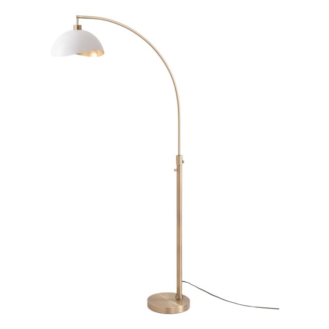 Luna Bella Arc Floor Lamp - Weathered Brass Solid Steel, Sculptural Half-Dome White and Gold Shade, Dimmable, 75in Tall Statement Lighting by Nova For Sale