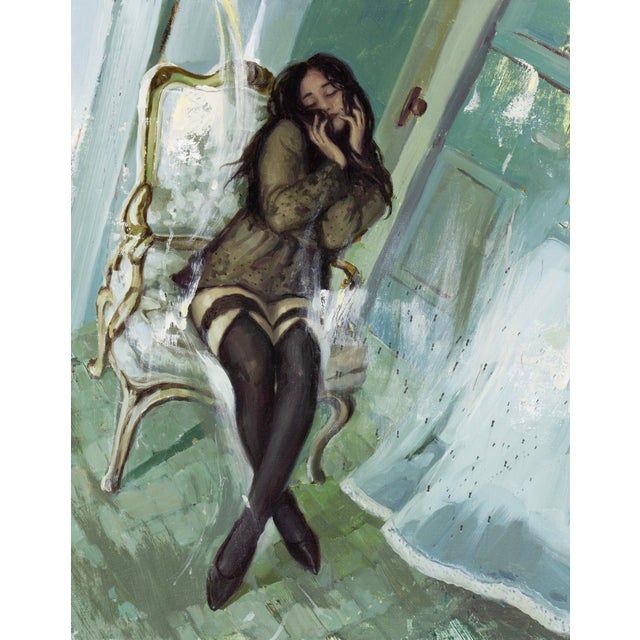 Ashore by Nadezda | Oil on panel Painting of a woman sitting on a chair in a room. For Sale