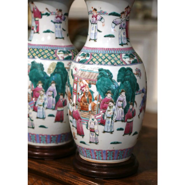 Pair of Mid-Century Chinese Famille Rose Porcelain Vases on Wood Bases For Sale - Image 4 of 12