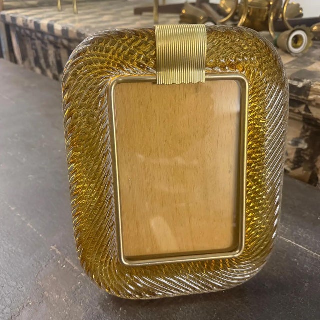 1990s Barovier Style Art Deco Amber Murano Glass and Brass Picture Frame For Sale - Image 10 of 13
