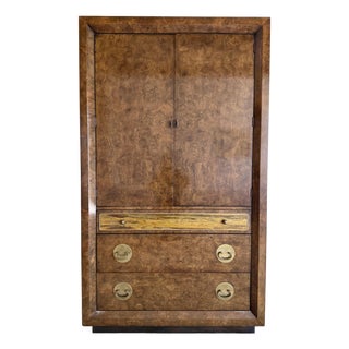 Vintage 1970’s Mastercraft Attributed Burlwood Armoire Cabinet With Etched Brass For Sale