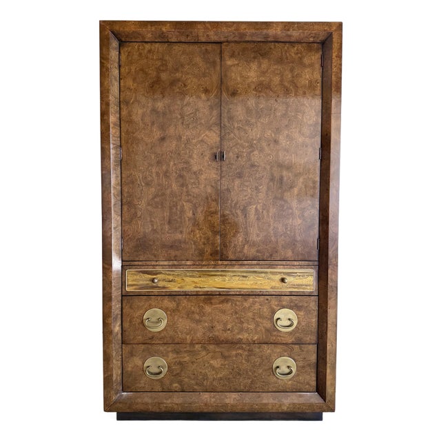Vintage 1970’s Mastercraft Attributed Burlwood Armoire Cabinet With Etched Brass For Sale