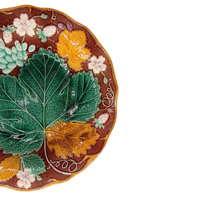 Victorian Wedgwood Majolica 'Vine & Strawberry' Plate on a Brown Ground, English, Ca. 1896 For Sale - Image 3 of 10