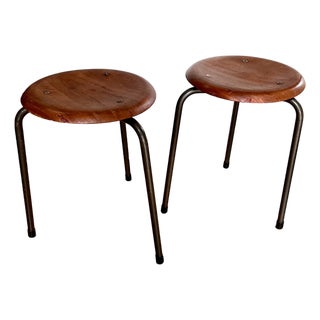 1950s Stalmobler Mid Century Danish 3 Leg Dot Stools Pair Steel Teak MCM For Sale