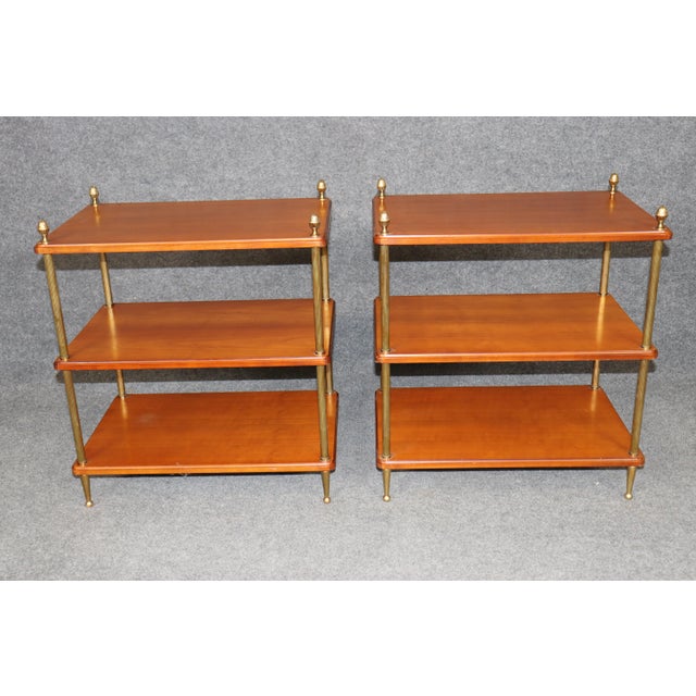 Pair of Solid Cherry Maison Jansen Attributed Brass Directoire Three Tier Tables For Sale In Philadelphia - Image 6 of 12