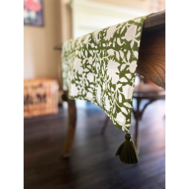 Contemporary Block Printed Cotton Olive Green Table Runner Secret Garden | Lizzet Frausto For Sale - Image 3 of 6