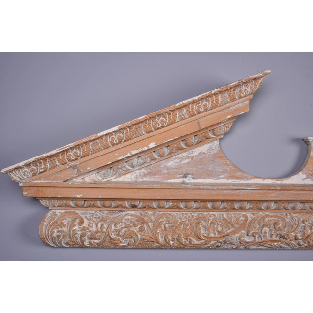 Camel Large Limed Wooden Overdoor Split Pediment With Highly Carved Bottom Edge For Sale - Image 8 of 12