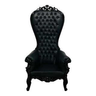 French Rococo Style Tufted Black Leather Throne Chair For Sale