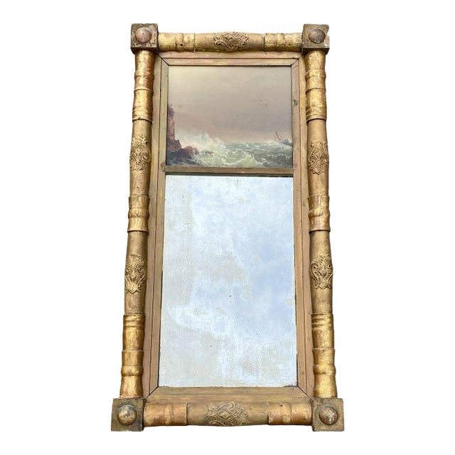 Antique Sheraton Giltwood Mirror With Lyre Frame & Coastal Seascape Oil Painting For Sale