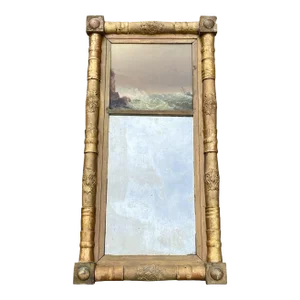 Antique Sheraton Giltwood Mirror With Lyre Frame & Coastal Seascape Oil Painting