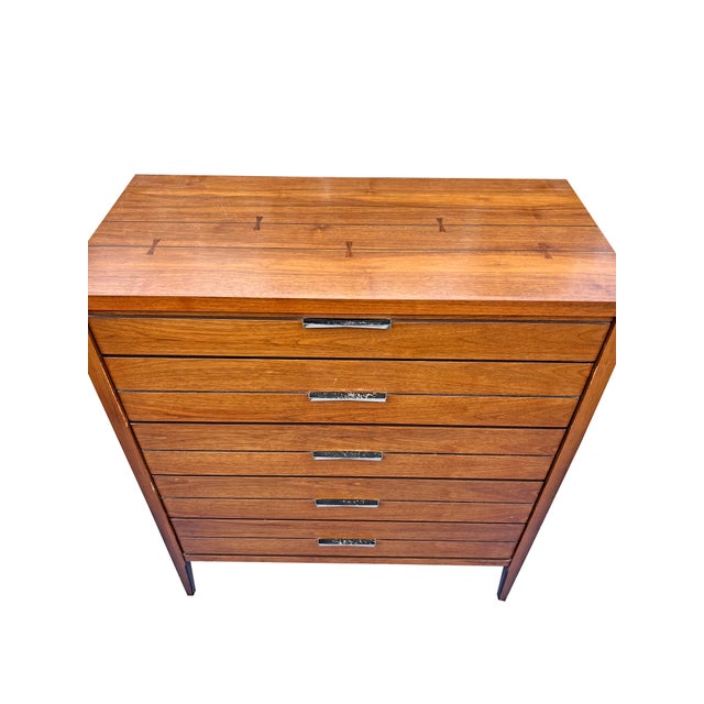 Vintage Mid Century Modern Tall Highboy Dresser by Lane in Tuxedo Design. Attributed Walnut dresser with tuxedo bow tie...